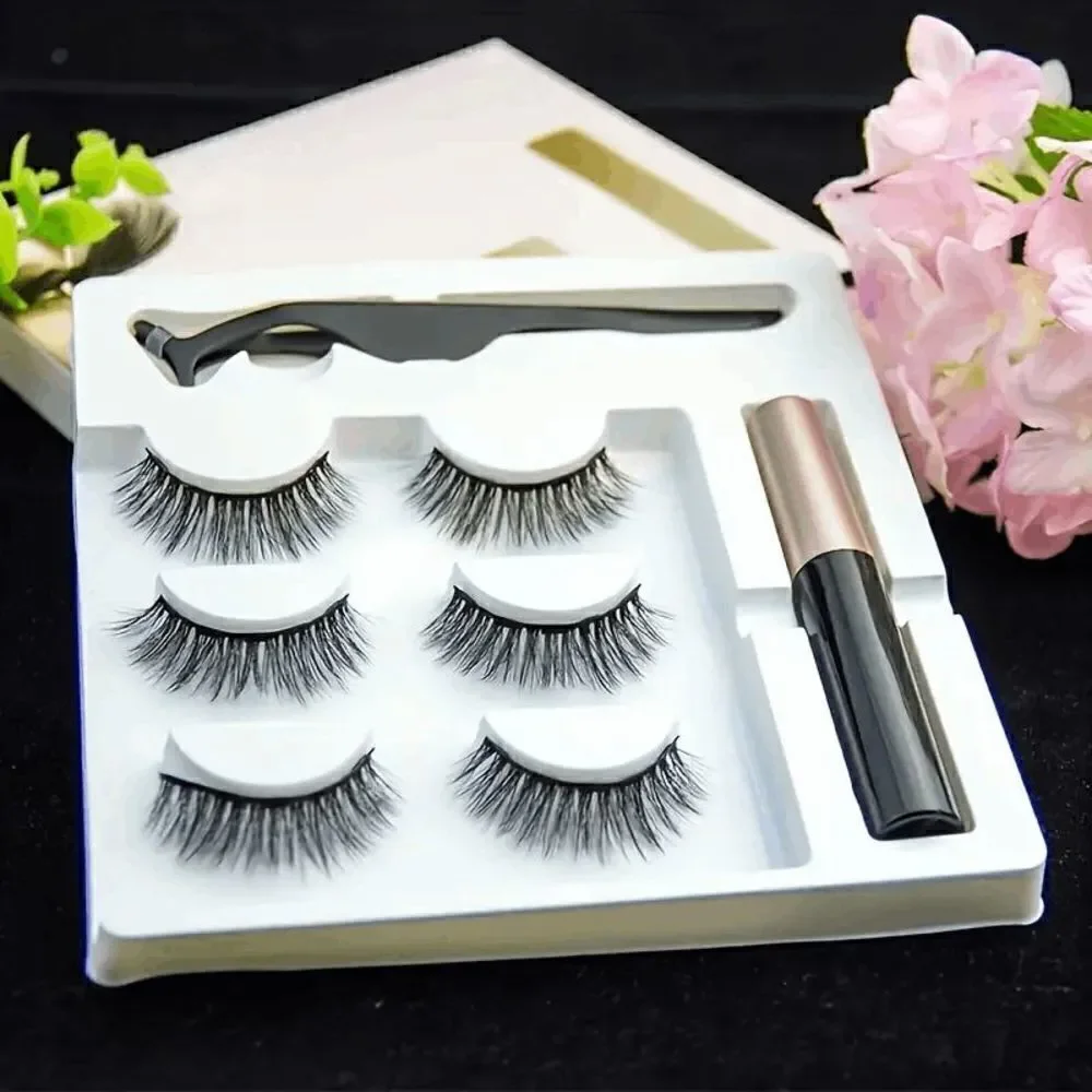 Magnetic Reusable False Eyelashes With Eyeliner And Tweezers - 3 Pairs